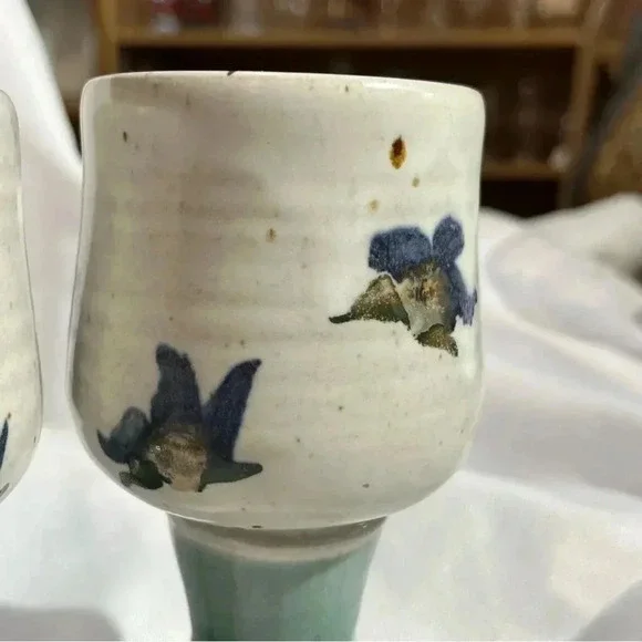 Vintage Handmade Orchid Stoneware Wine Goblet Set of 4 - Picture 5 of 7